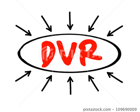 DVR - Digital Video Recorder is an electronic device that records video in a digital format to a disk drive, acronym technology concept with arrows DVR - Digital Video Recorder is an electronic device that records video in a digital format to a disk drive, acronym technology concept with arrows 109690009