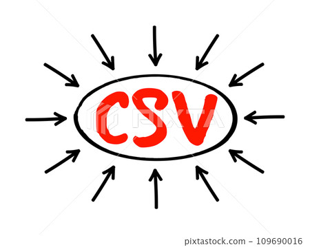 CSV - Comma Separated Values is a delimited text file that uses a comma to separate values, acronym concept with arrows 109690016