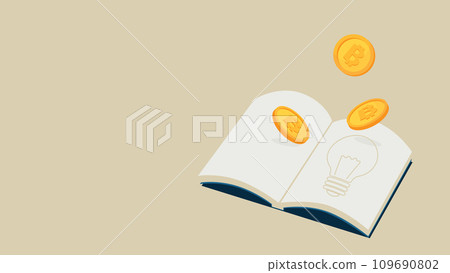 An image of gaining knowledge about money from books. A light bulb is drawn on the book and Bitcoins are dancing. 109690802