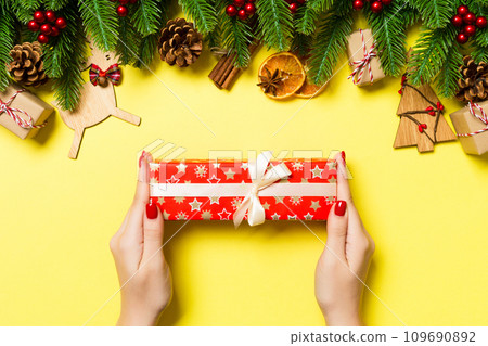 Top view of female hands holding a Christmas present on festive yellow background. Fir tree and holiday decorations. New Year holiday concept 109690892