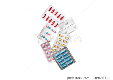 Protective face masks or surgical masks, medicine pills and thermometer on table background. Coronavirus disease. Corona virus concept. Space for text 109691120