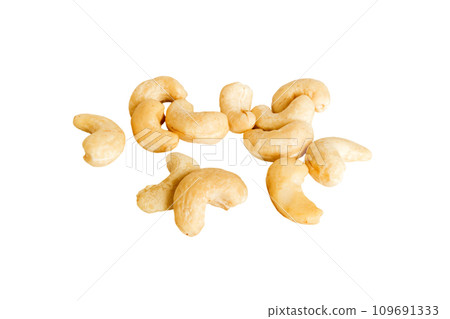 pile cashew nuts isolated on white background, top view. Flat lay Healthy food concept pile cashew nuts isolated on white background, top view. Flat lay Healthy food concept 109691333