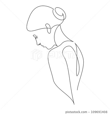 Continuous line woman drawing. Minimal woman silhouette with a hair bun. Fashion vector lines illustration. One line art. 109691408