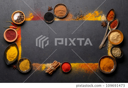 Various spices on stone table Various spices on stone table 109691473