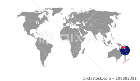 Pin map with New Zealand flag on world map. Vector illustration. 109692391