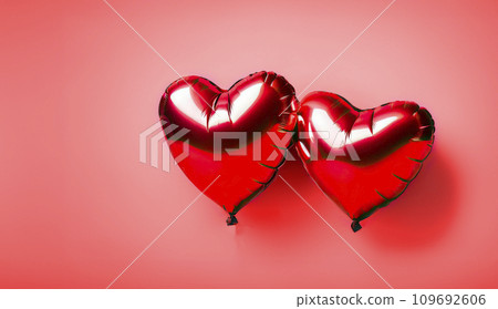 Two Red foil balloons in the shape of a heart on a pink background. Valentine's Day Celebration, Birthday, Mother's Day Two Red foil balloons in the shape of a heart on a pink background. Valentine's Day Celebration, Birthday, Mother's Day 109692606