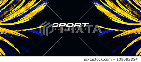 Abstract Blue and Yellow Brush Background with Halftone Effect. Sport Background. Brush Stroke Illustration. Scratch and Texture Elements For Design 109692854