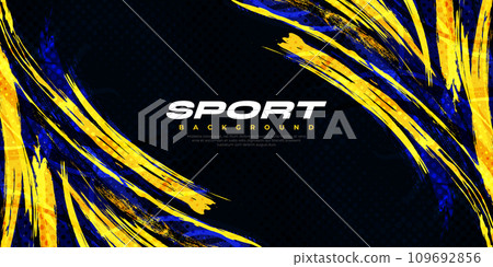 Abstract Blue and Yellow Brush Background with Halftone Effect. Sport Background. Brush Stroke Illustration. Scratch and Texture Elements For Design 109692856