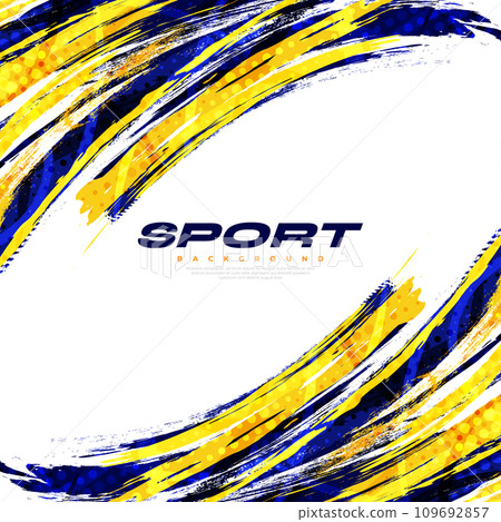 Abstract Blue and Yellow Brush Background with Halftone Effect. Sport Background. Brush Stroke Illustration. Scratch and Texture Elements For Design 109692857