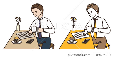 illustration of a man reading a newspaper while drinking coffee 109693207