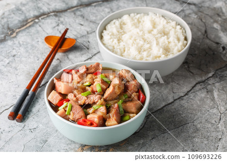 Babi Kecap Balinese Braised Pork With Sweet Soy sauce served with rice closeup. Horizontal 109693226