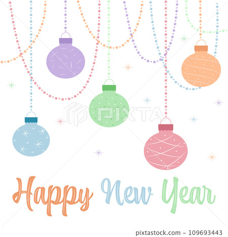 Happy New Year greeting with retro colorful baubles ornaments swinging vector illustration Happy New Year greeting with retro colorful baubles ornaments swinging vector illustration 109693443