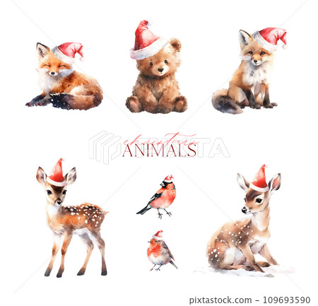 Watercolor Cute reindeer, brown bear, orange fox, bullfinch, robin bird with Santa Claus hat 109693590