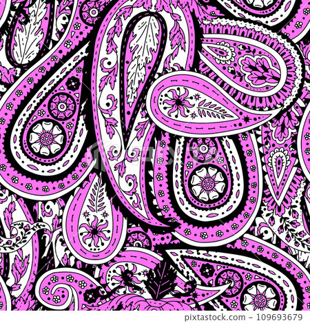 Seamless pattern with pink Paisley motifs on white background Seamless pattern with pink Paisley motifs on white background 109693679