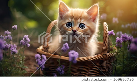 AI-generated content. Small adorable cat in a basket 109693756