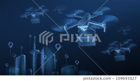 Drone. Low pole 3D drone on cityscape with pins. Futuristic box delivery, aerial technology 109693827