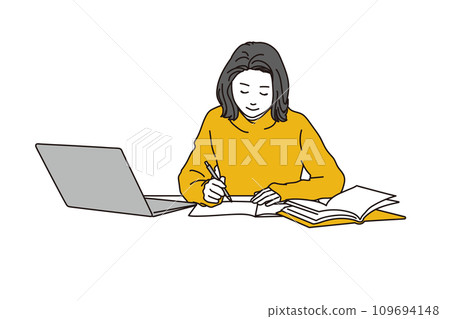 A woman studying with a computer and reference books A woman studying with a computer and reference books 109694148
