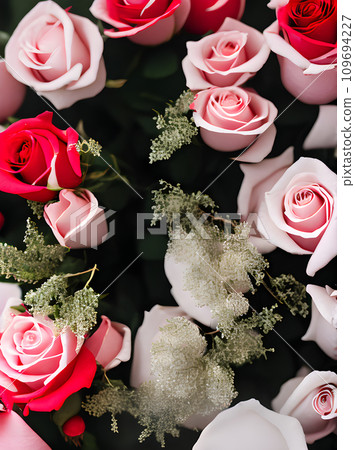 Valentines Day: red wine roses hearts. 109694227
