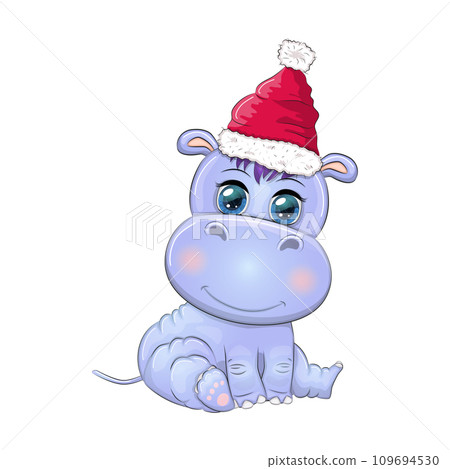 Cute cartoon hippo in Santa hat with gift, Christmas ball and candy cane. New Year and Christmas Cute cartoon hippo in Santa hat with gift, Christmas ball and candy cane. New Year and Christmas 109694530