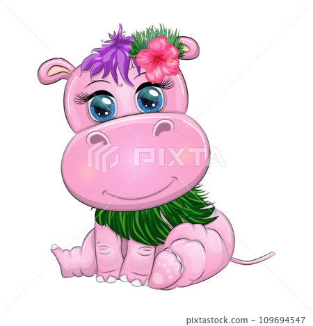 Hippopotamus cartoon character, wild animal in swimming ring, hat, summer is coming, hula dancer 109694547