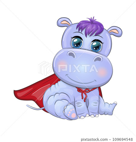 Cute cartoon hippopotamus wearing a red superhero cape Cute cartoon hippopotamus wearing a red superhero cape 109694548