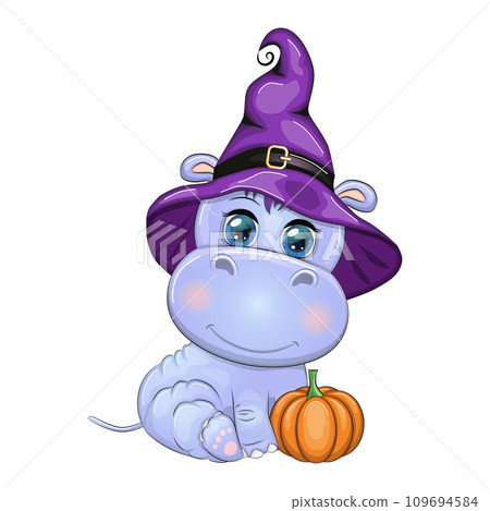 Cartoon hippo with a potion in a purple witch hat and cloak. Halloween poster Cartoon hippo with a potion in a purple witch hat and cloak. Halloween poster 109694584
