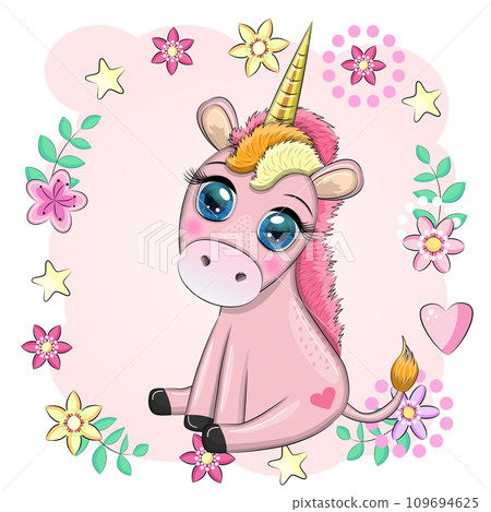 Pink unicorn pony sitting. Cute baby card, baby girl with big eyes Pink unicorn pony sitting. Cute baby card, baby girl with big eyes 109694625