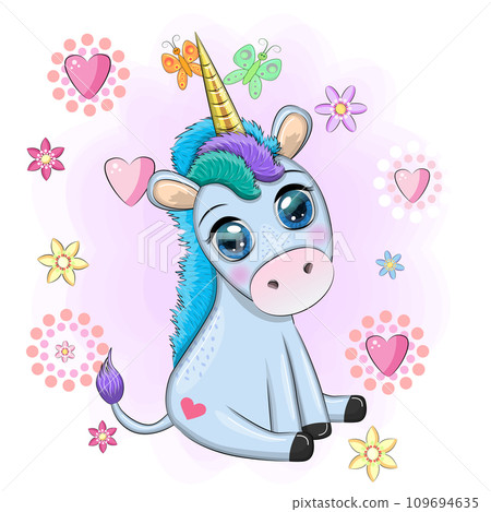 Blue unicorn pony sitting. Cute baby card, baby with big eyes 109694635