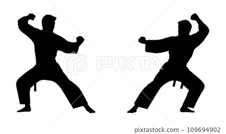 Black silhouettes of karate fighting, Single combats, a set of silhouettes of a karate in different poses Black silhouettes of karate fighting, Single combats, a set of silhouettes of a karate in different poses 109694902