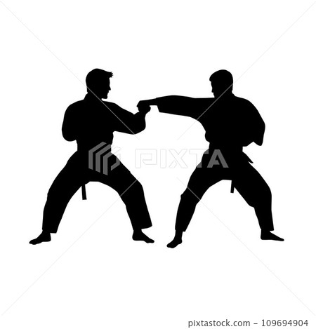 Black silhouettes of karate fighting, Single combats, a set of silhouettes of a karate in different poses Black silhouettes of karate fighting, Single combats, a set of silhouettes of a karate in different poses 109694904