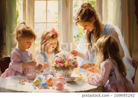 Mom and children decorating and painting Easter eggs 109695292