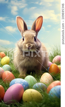 Easter bunny among Easter eggs 109695346