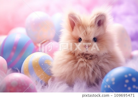 Easter bunny among pastel Easter eggs 109695471