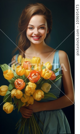 Girl holding a beautiful bouquet of tulips Girl holding a beautiful bouquet of tulips 109695473