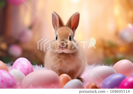 Easter bunny among pastel Easter eggs 109695514