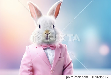 Easter bunny in a suit among pastel Easter eggs 109695517