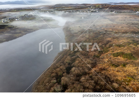 Aerial view of Lough fad in the morning fog, County Donegal, Republic of Ireland Aerial view of Lough fad in the morning fog, County Donegal, Republic of Ireland 109695605