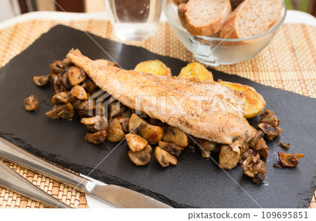 Fried trout fillet on pillow of fried champignon mushrooms on dark warm stone plate 109695851