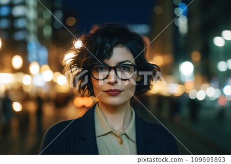 Young Woman with Glasses at Night. Generative AI 109695893