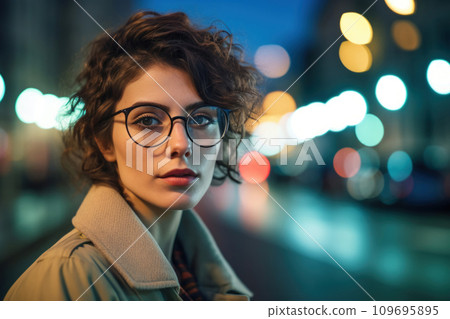 Young Woman with Glasses at Night. Generative AI Young Woman with Glasses at Night. Generative AI 109695895