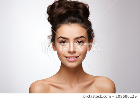 Portrait of a Brunette Woman with a Bright Smile. Generative AI 109696129