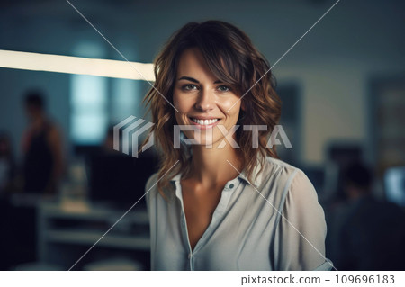 Smiling Professional Woman in Modern Office. Generative AI 109696183