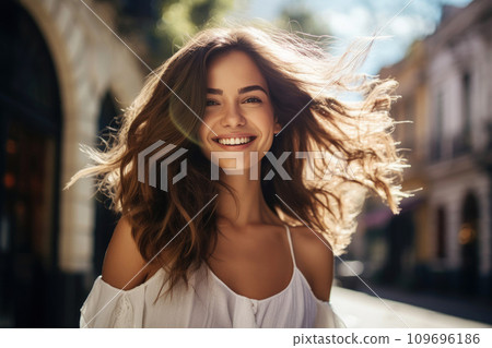 Chic Young Woman with Breezy Brown Hair. Generative AI 109696186