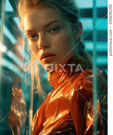 Orange Jacket on Contemporary Model. Generative AI 109696200