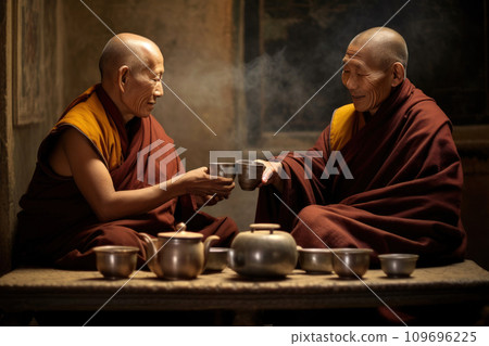 Tibetan Monks Sharing a Warm Moment. Generative AI 109696225
