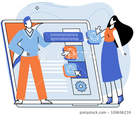 Application testing metaphor. Vector illustration. Application testing, refining process for well-oiled software mechanism App test, mock drill that prepares app for real-world scenarios Software Application testing metaphor. Vector illustration. Application testing, refining process for well-oiled software mechanism App test, mock drill that prepares app for real-world scenarios Software 109696239