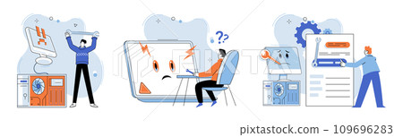 Technical support. Vector illustration. Technology aids in streamlining processes and enhancing technical support services Fixing technical problems requires expertise skilled technicians Technical support. Vector illustration. Technology aids in streamlining processes and enhancing technical support services Fixing technical problems requires expertise skilled technicians 109696283