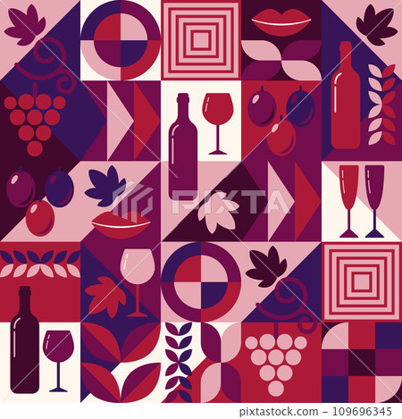 Red wine theme background with design elements in simple geometric style. Seamless pattern with abstract shapes. Good for branding, decoration of wine package, cover design, decorative print 109696345