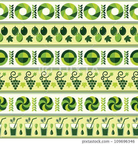 Grape juice background with design elements in simple bauhaus geometric style. Seamless pattern with abstract shapes. Good for branding, decoration of food package, cover design, decorative print 109696346