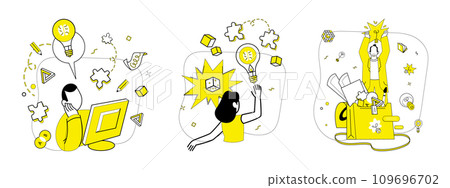 Innovative ideas vector illustration. Brainstorming and knowledge are dynamic winds steering ship solutions The tapestry achievement is woven from threads innovative ideas Discovery transforms 109696702